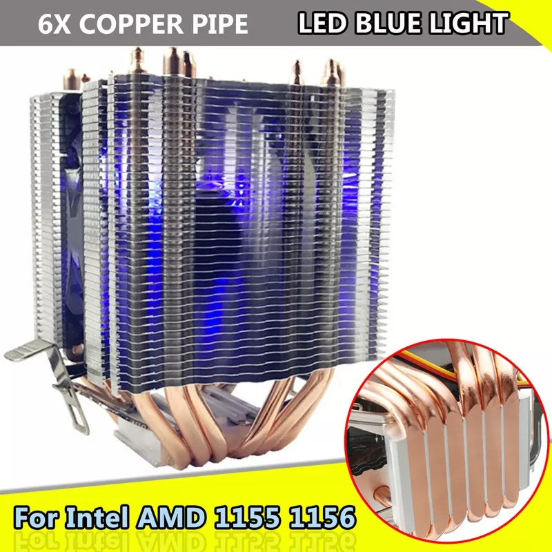 LED Blue Light CPU Fan 6X Heat Pipe For Intel LAG 1155 1156 AMD Socket AM3/AM2 High Quality Computer Cooler Cooling Fan For CPU