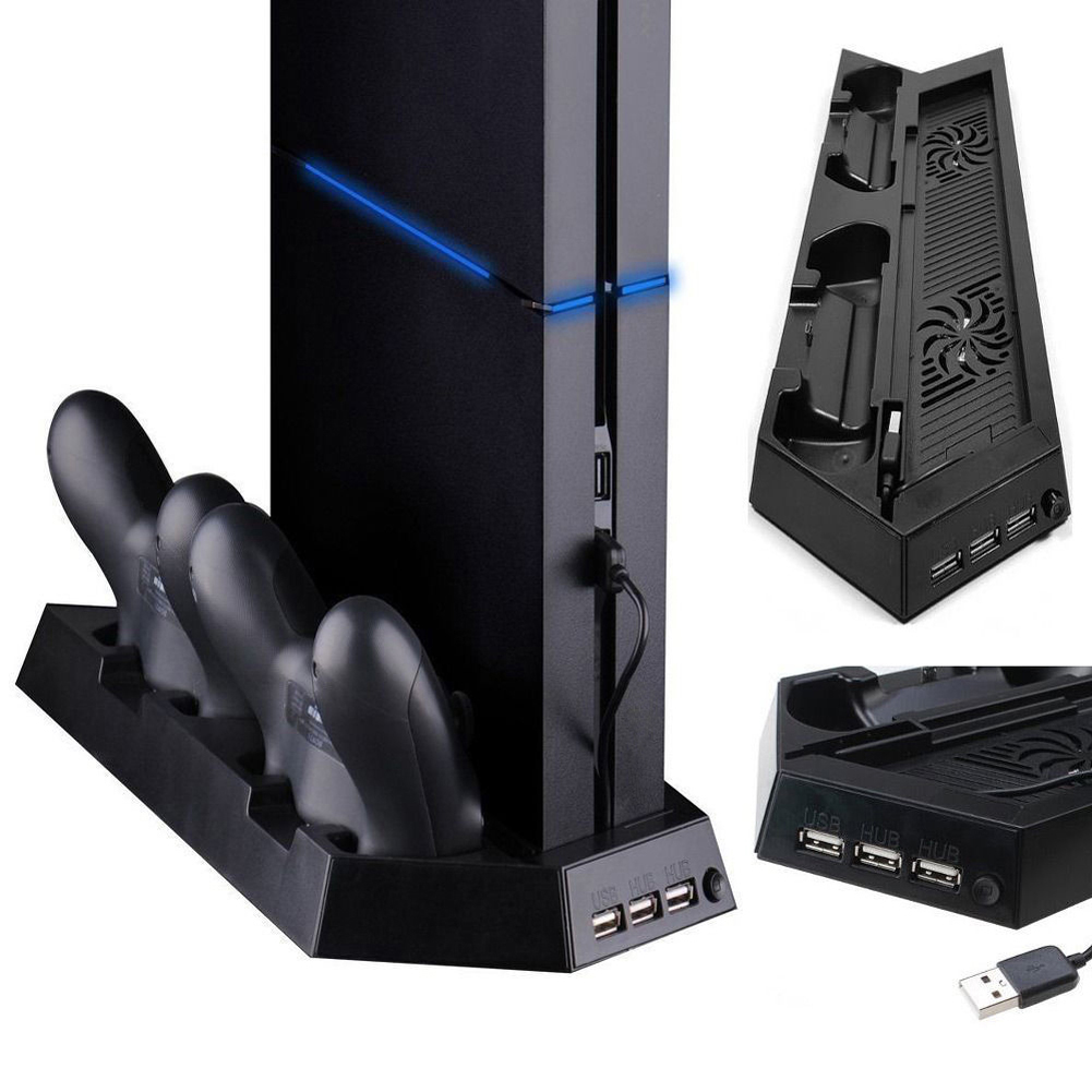 Dual Charger Vertical Controller Dock Station Charging Bracket Stand + Cooling Cooler Fan + 2 USB Power HUB for Playstation4 PS4