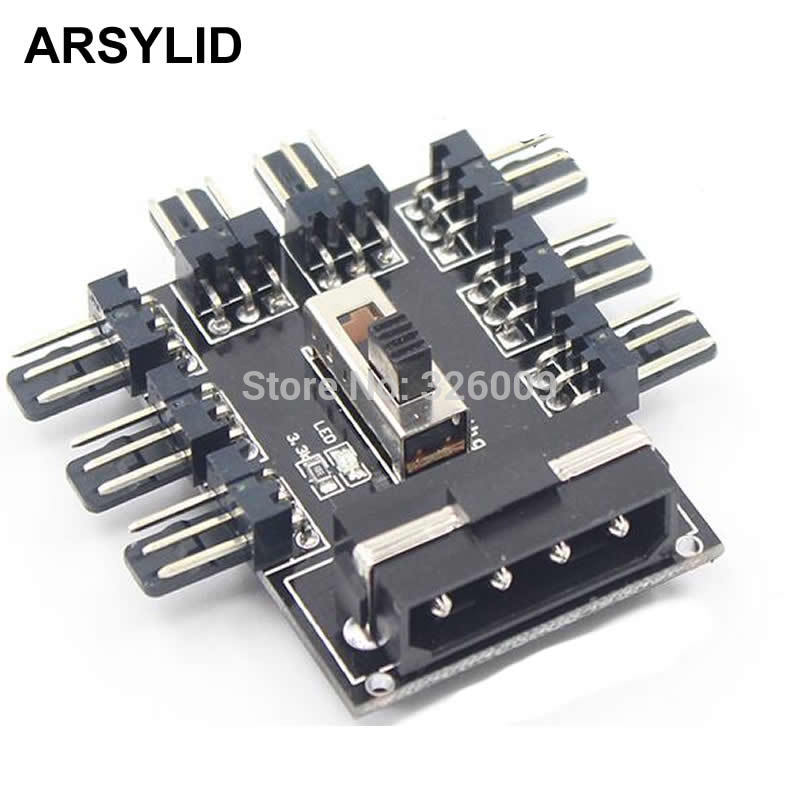 ARSYLID Fan Hub Computer SATA D-4P 1 to 8 Multi Splitter Cooler Cooling 3pin 12V Power Socket Adapter 2 Level Speed Controller