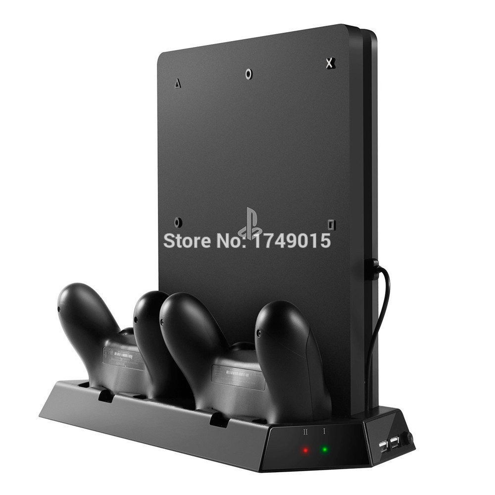 For Sony PlayStation 4 PS4 Slim Vertical Stand Cooling Fan with dualshock Controller Charging Station and USB HUB Charger Ports