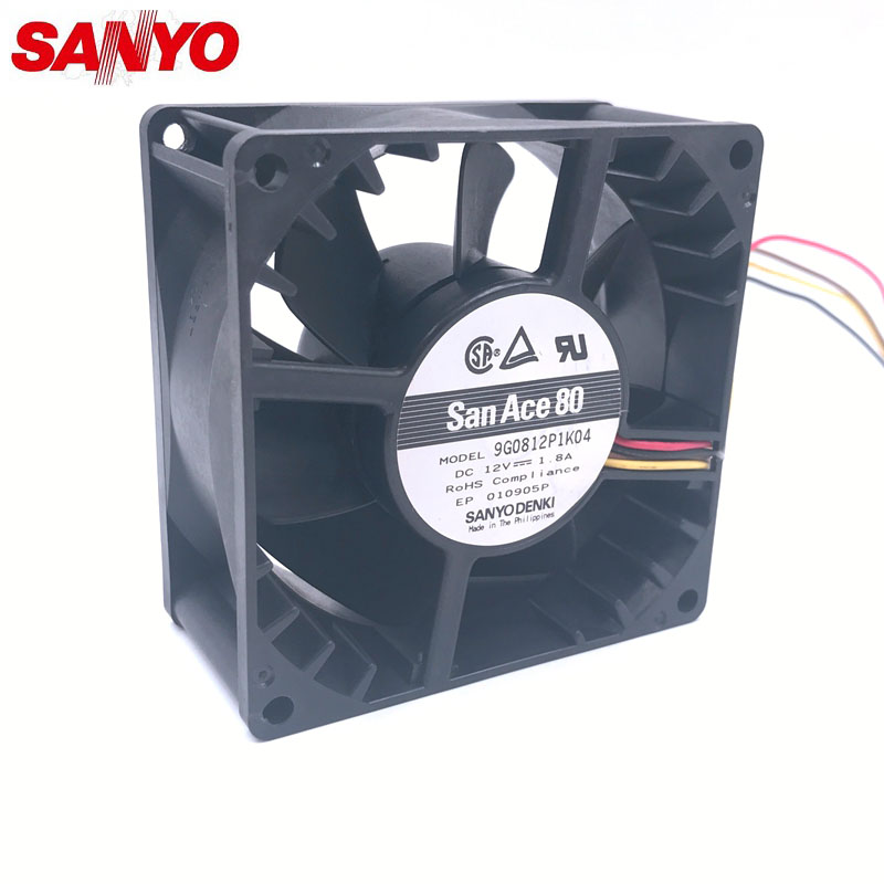 Original SANYO 9G0812P1K04 12V 1.8A 8038 80*80*38mm 107.3cfm 7800RPM 8CM four wire PWM 4P powerful axial case cooling fan