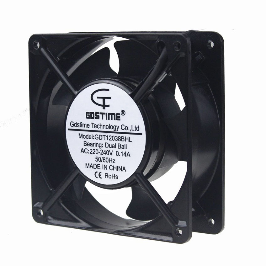 Gdstime 2 pcs 120x38mm Double Ball Bearing 2 Wires 220V 240V AC Fan 120mm Metal Case Cooling Fan 12cm Axial Fan 240 Volt AC