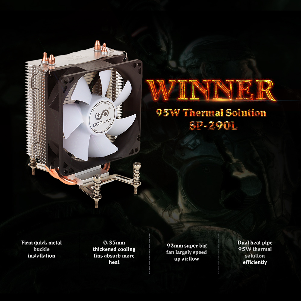 Original SOPLAY CPU Cooler 2 Heatpipes 3pin 9.2cm Fan PC Computer for Intel LGA 1150 1151 1155 1156 AMD CPU Cooling Radiator Fan