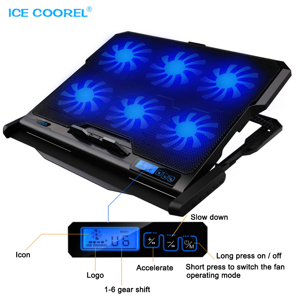 Professional external Laptop Cooler Pad 14" 15.6" 17" with 5 fans 2 USB Port slide-proof stand Notebook Cooling Fan with light