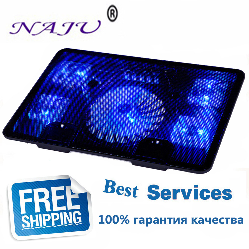 NAJU Laptop Cooler Pad 14" 15.6" 17" with 5 fans 2 USB Port slide-proof stand Cooler Notebook Cooling Fan with light